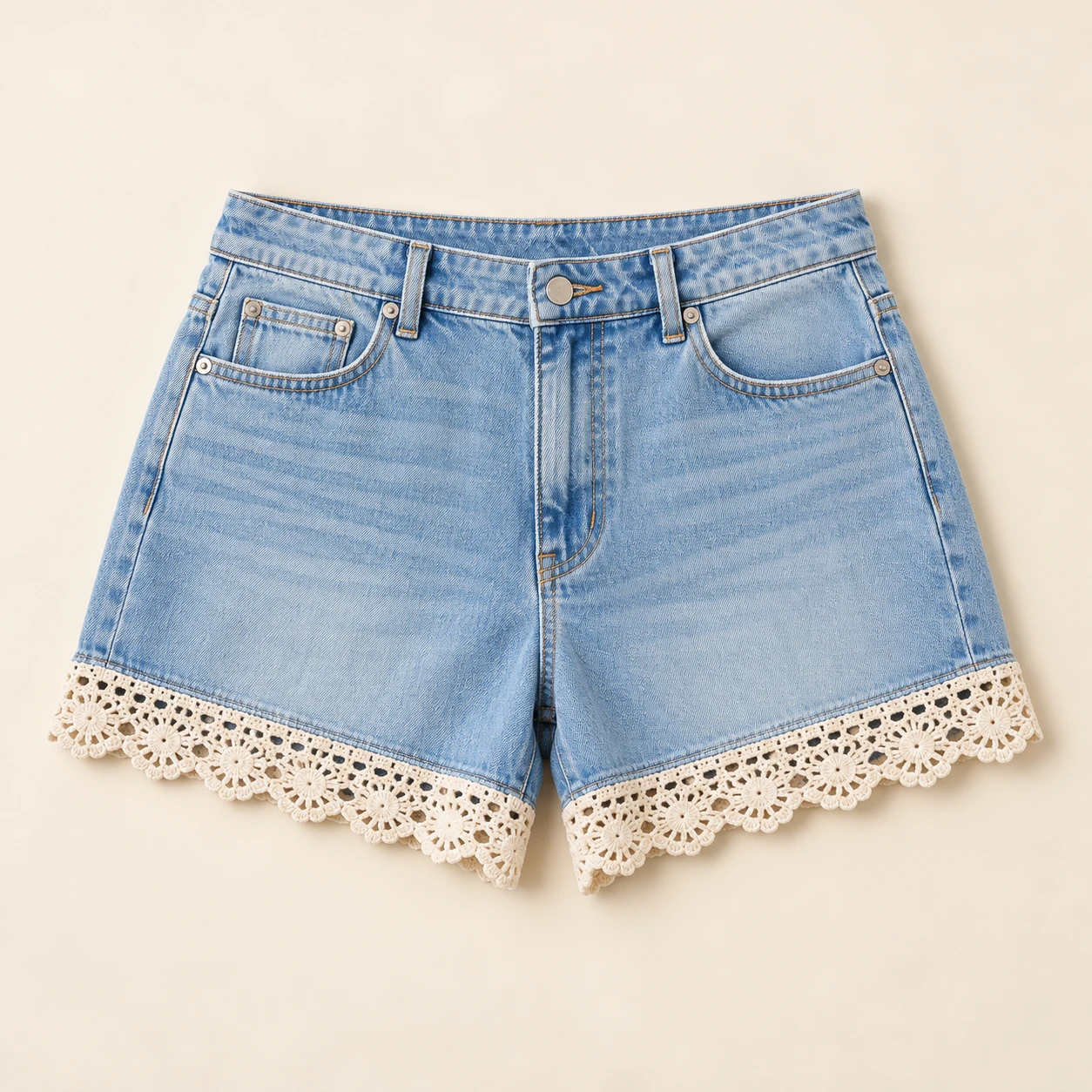 Meadow Crochet-Trim Shorts, Light blue, front view